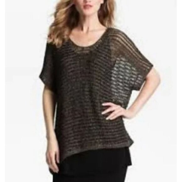 Eileen Fisher Brown & Black Metallic Open Weave Sweater Size Small - Picture 1 of 7